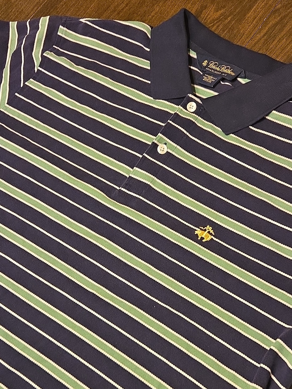 Brooks Brothers Navy, Light Green & White Striped Polo